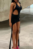 Black Sexy Solid Tassel Halter Irregular Dress Dresses