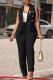 Black Fashion Work Print Patchwork Turn-back Collar Sleeveless Two Pieces