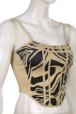 Apricot Sexy Print Patchwork Spaghetti Strap Tops