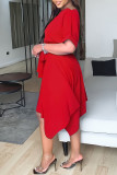 Blue Casual Solid Patchwork With Belt Asymmetrical O Neck Irregular Dress Dresses