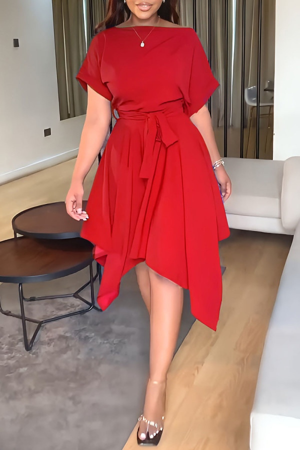 Red Casual Solid Patchwork With Belt Asymmetrical O Neck Irregular Dress Dresses