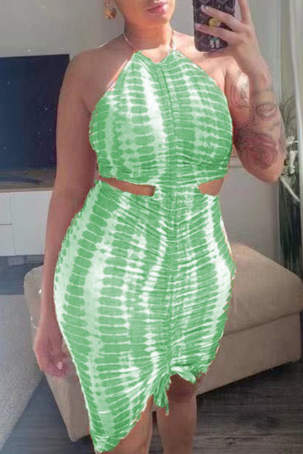 Green Sexy Print Hollowed Out Patchwork Draw String Backless Fold Halter One Step Skirt Dresses