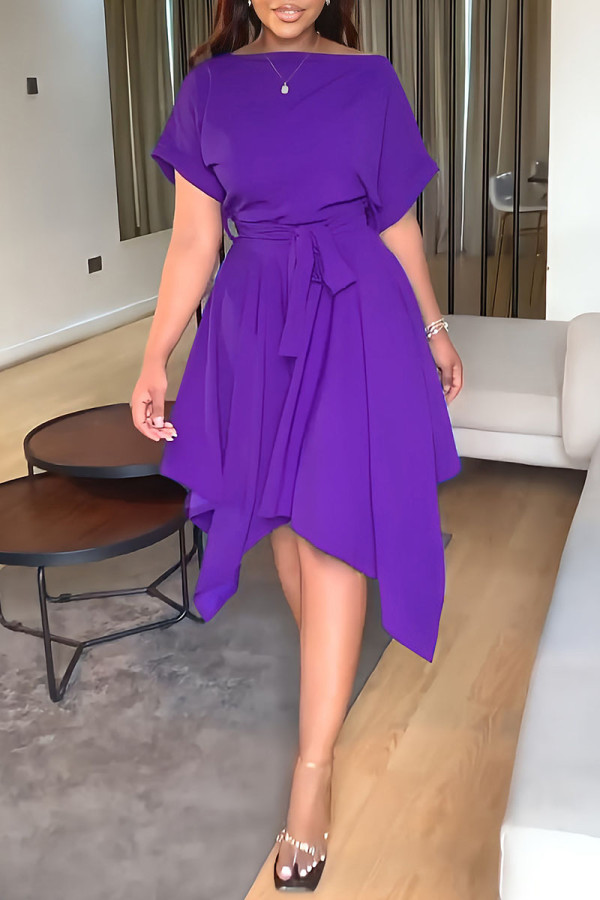 Purple Casual Solid Patchwork With Belt Asymmetrical O Neck Irregular Dress Dresses