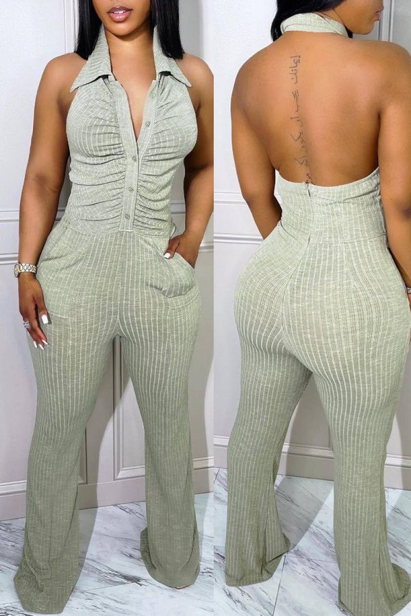 Grey Sexy Solid Patchwork Buckle Turndown Collar Straight Jumpsuits