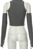Grey Sexy Striped Patchwork One Shoulder Tops