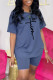 Light Blue Casual Print Patchwork O Neck Short Sleeve Two Pieces