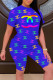 Blue Fashion Casual Print Letter O Neck Short Sleeve Two Pieces