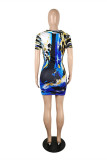 Red Fashion Casual Print Basic V Neck Short Sleeve Dress Dresses