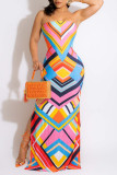 Tangerine Sexy Print Patchwork Backless Slit Strapless Straight Dresses