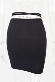Black Fashion Casual Solid Bandage Regular High Waist Skirt