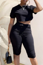 Black Casual Solid Patchwork Fold O Neck Short Sleeve Two Pieces