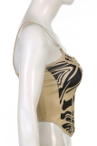 Apricot Sexy Print Patchwork Spaghetti Strap Tops