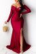 Red Fashion Celebrities Print Slit V Neck Trumpet Mermaid Dresses