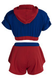 Blue Sexy Solid Patchwork Hooded Collar Short Sleeve Two Pieces