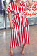 Red Fashion Casual Striped Print Bandage V Neck Shirt Dress Dresses