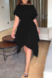 Blue Casual Solid Patchwork With Belt Asymmetrical O Neck Irregular Dress Dresses