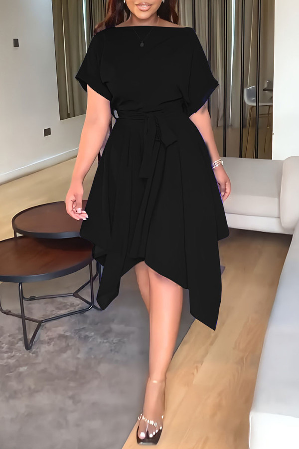 Black Casual Solid Patchwork With Belt Asymmetrical O Neck Irregular Dress Dresses
