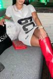 Red Sexy Print Patchwork See-through O Neck One Step Skirt Dresses