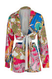 Multicolor Fashion Casual Print Bandage V Neck Long Sleeve Two Pieces