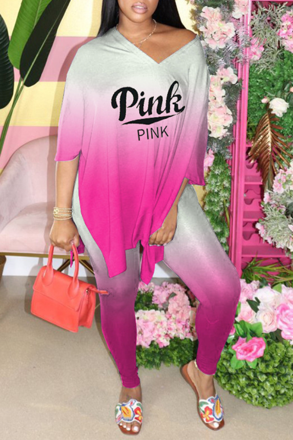 Pink Casual Gradual Change Patchwork V Neck Half Sleeve Two Pieces