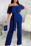 Blue Casual Solid Lace Off the Shoulder Boot Cut Jumpsuits