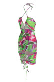Light Blue Fashion Sexy Print Tie Dye Hollowed Out Frenulum Backless Swimwears