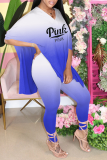 Pink Casual Gradual Change Patchwork V Neck Half Sleeve Two Pieces