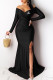 Black Fashion Celebrities Print Slit Letter Off the Shoulder Trumpet Mermaid Dresses