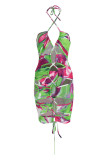 Light Blue Fashion Sexy Print Tie Dye Hollowed Out Frenulum Backless Swimwears