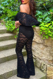 Black Fashion Casual Solid Patchwork Backless Off the Shoulder Short Sleeve Two Pieces
