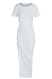 Coffee Sexy Casual Solid Bandage Draw String Slit O Neck Short Sleeve Dress