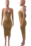 Yellow Sexy Solid Hollowed Out Split Joint Halter One Step Skirt Dresses
