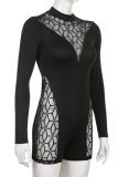Black Sexy Patchwork Mesh Half A Turtleneck Skinny Rompers