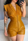 Khaki Sexy Solid Patchwork Turndown Collar Skinny Rompers
