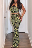 Yellow Fashion Sexy Print Hollowed Out Backless Strapless Sleeveless Two Pieces