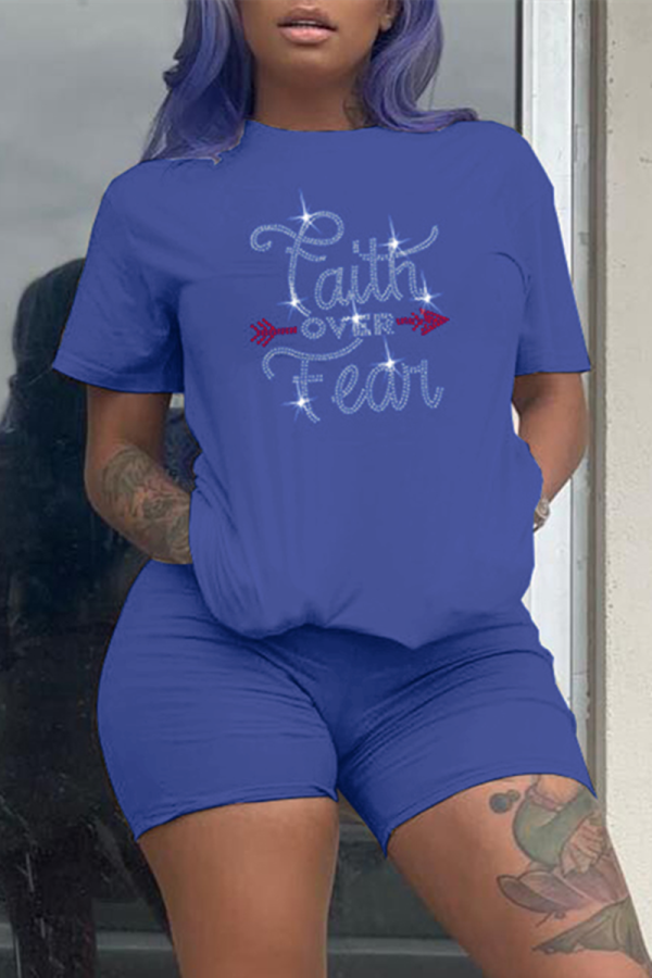 Blue Fashion Casual Letter Hot Drill O Neck Short Sleeve Two Pieces
