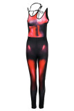Black Sexy Print Patchwork Asymmetrical Collar Regular Jumpsuits