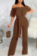 Brown Casual Solid Lace Off the Shoulder Boot Cut Jumpsuits