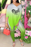 Pink Casual Gradual Change Patchwork V Neck Half Sleeve Two Pieces