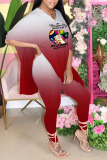 Pink Fashion Gradual Change Patchwork V Neck Half Sleeve Two Pieces