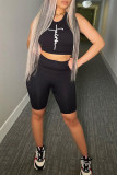Black Fashion Casual Print Basic O Neck Sleeveless Two Pieces