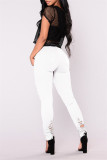 White Fashion Casual Ripped High Waist Regular Jeans