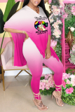 Pink Fashion Gradual Change Patchwork V Neck Half Sleeve Two Pieces