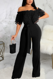 Blue Casual Solid Lace Off the Shoulder Boot Cut Jumpsuits