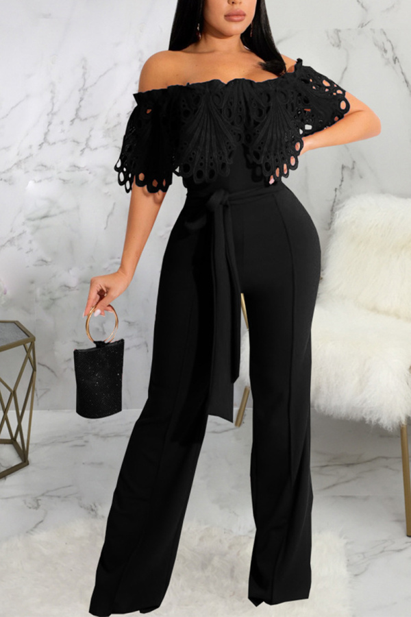 Black Casual Solid Lace Off the Shoulder Boot Cut Jumpsuits