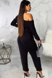 Black Sexy Solid Long Sleeve one shoulder collar 