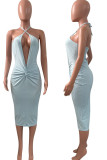 Sky Blue Sexy Solid Hollowed Out Split Joint Halter One Step Skirt Dresses