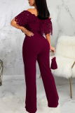 Blue Casual Solid Lace Off the Shoulder Boot Cut Jumpsuits