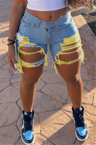 Blue Yellow Fashion Casual Sweet Solid Ripped Patchwork Regular Mid Waist Conventional Solid Color Plus Size Denim Shorts