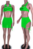 Green Sexy Print Hollowed Out Patchwork Halter Sleeveless Two Pieces